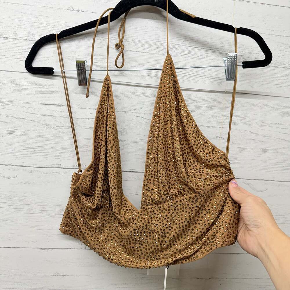 Alice + Olivia Tan Crystal Beaded Halter Neck Crop Top small flaw nwt
